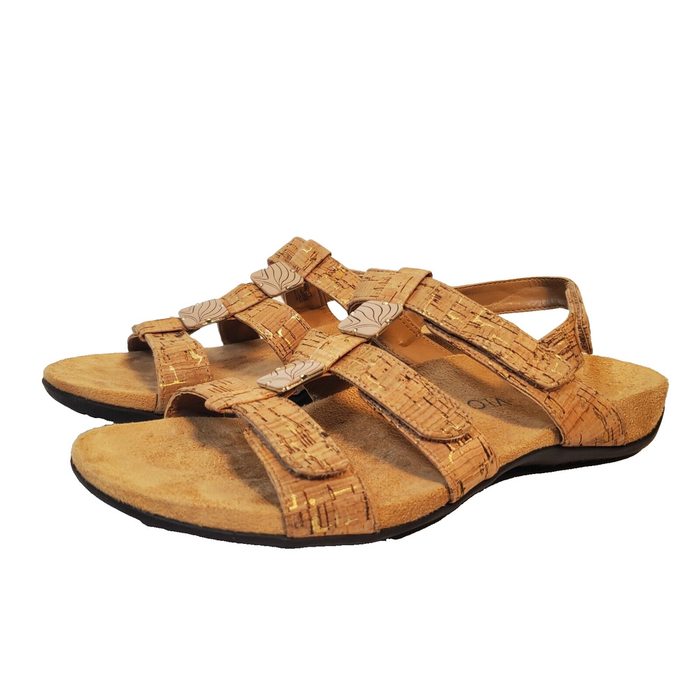 Vionic Amber Sandal Comfort Shoe Sz 9 Gold Speckled Tan Cork Adjustable Straps